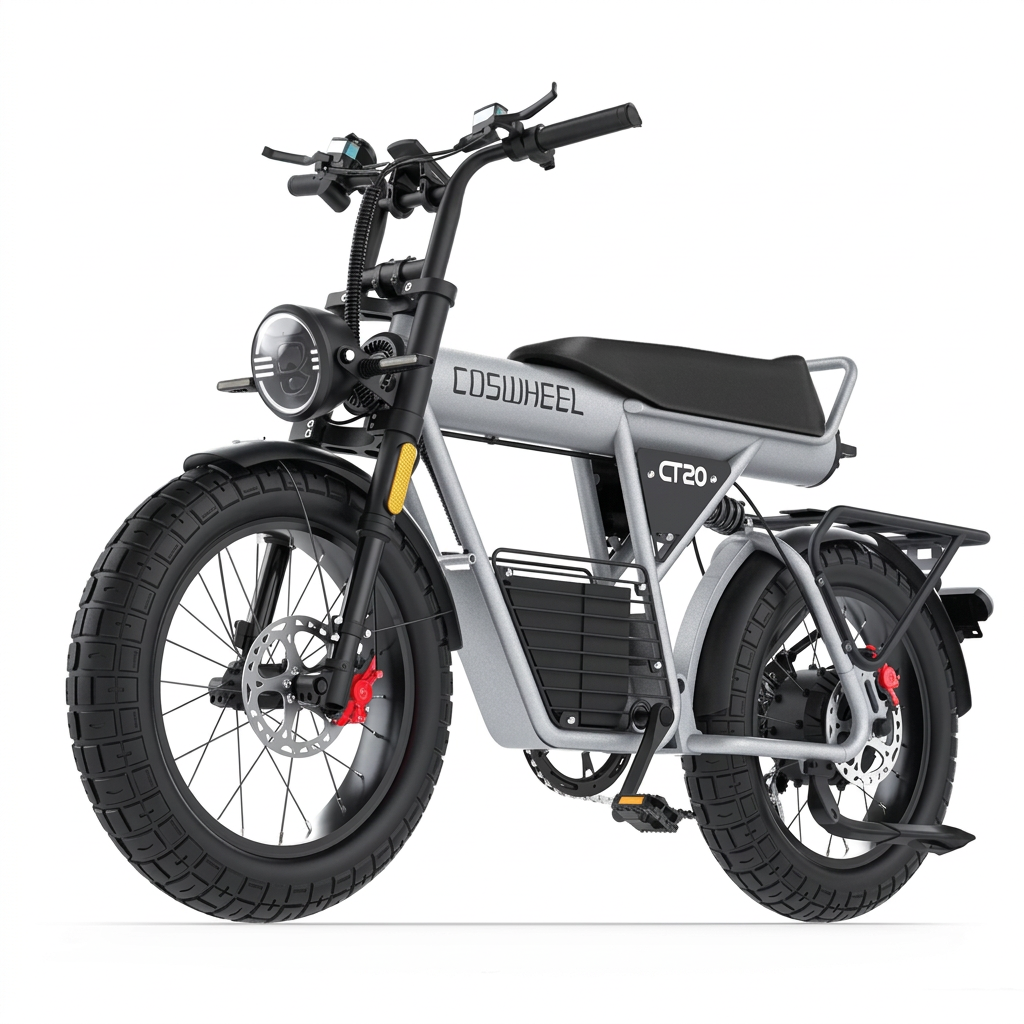 Silver COSWHEEL CT20 electric bike with black saddle, wide tyres and rear rack on a white background