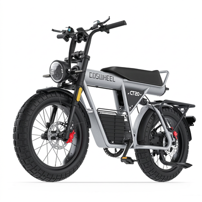Silver COSWHEEL CT20 electric bike with black saddle, wide tyres and rear rack on a white background