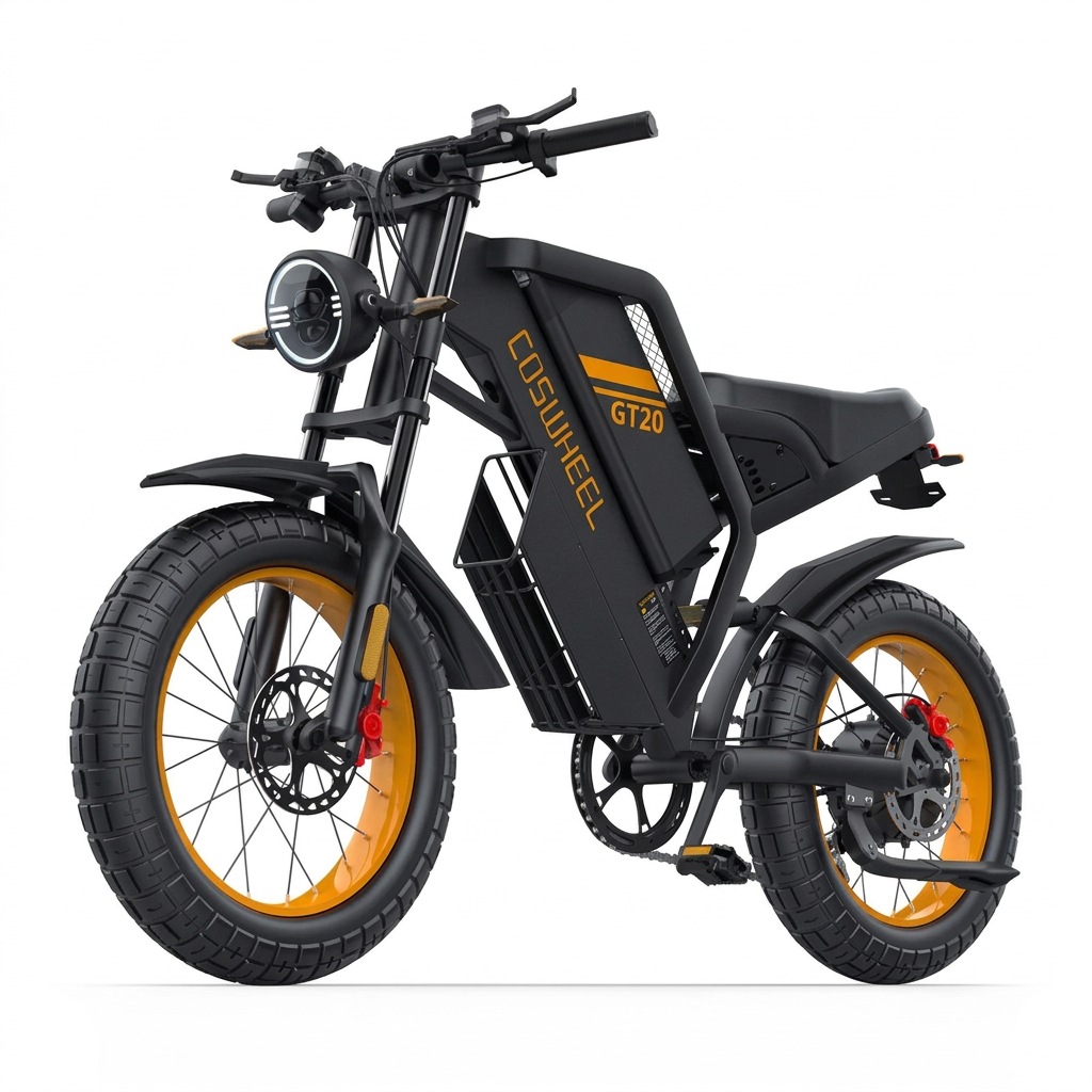 COSWHEEL GT20 black electric bike with gold wheel accents on a white studio background