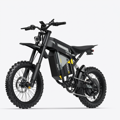R6000 black and grey electric dirt bike with treaded tyres on a clean studio background